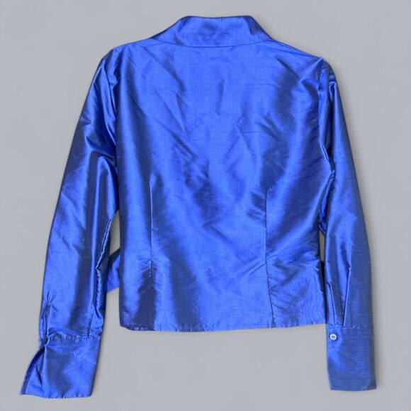 Women's Royal Blue Shiny 100% Silk Wrap Holiday Party Blouse - Picture 2 of 9